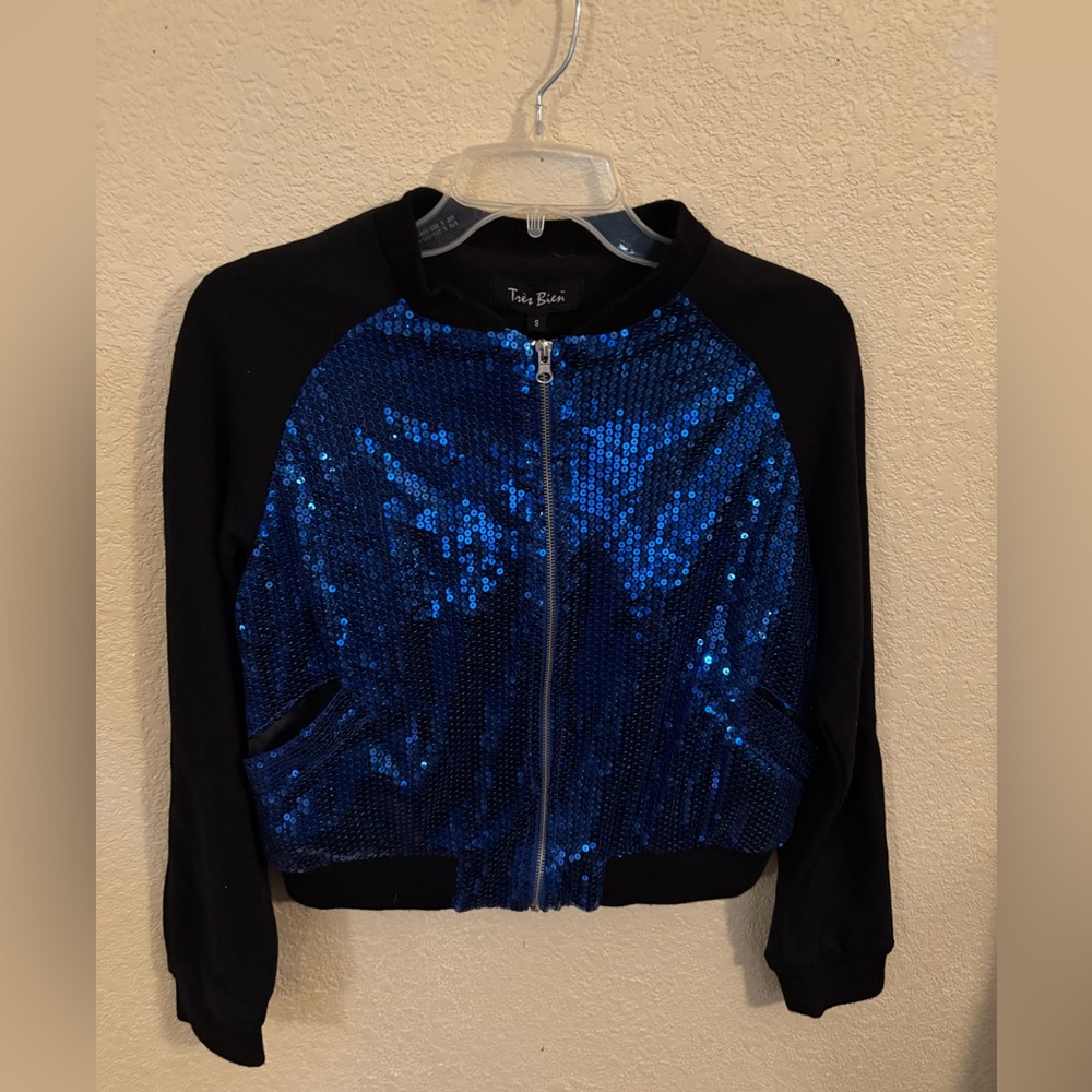 Tres Bien Sequin Bomber Jacket in Black and Blue